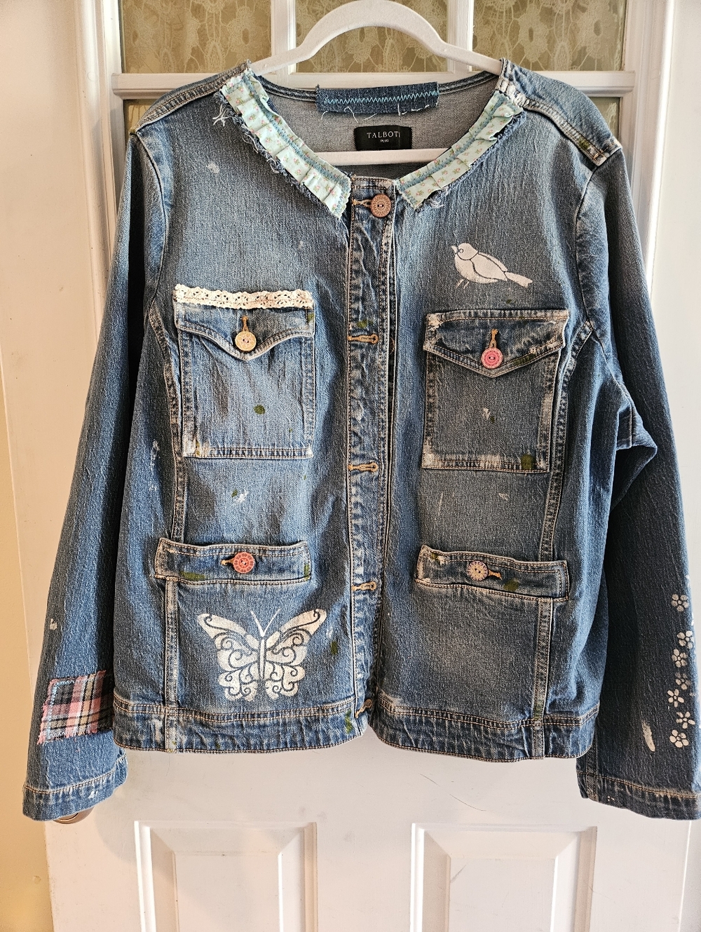 Upcycled Blue Denim Embellished Jacket with Butterfly & Bird Motifs